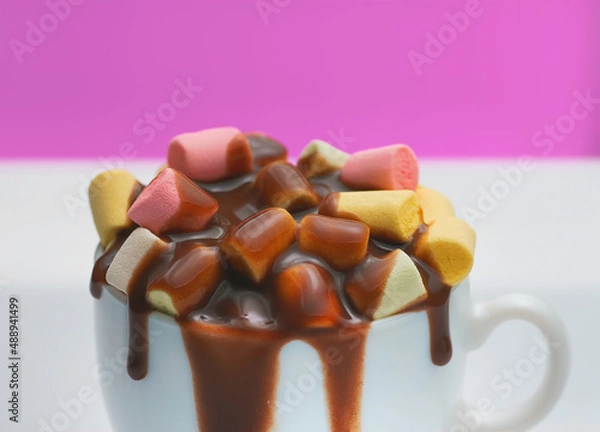 Fototapeta Ccolored marshmallow in cup with chocolate