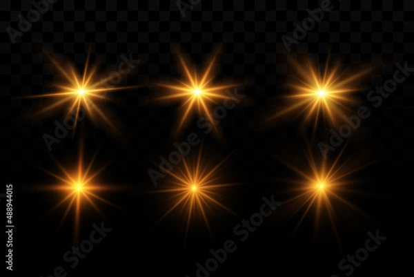 Fototapeta Light effect. Golden bright star, yellow sun. Starlight.