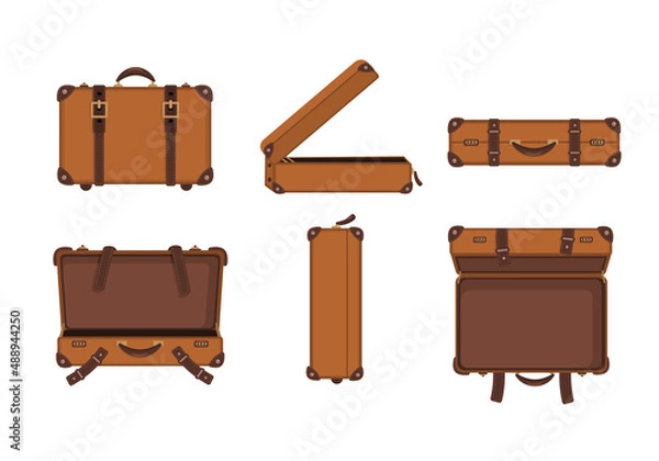 Obraz set of brown leather suitcases in different angles in flat style
