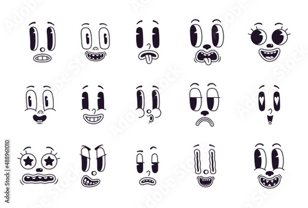 Fototapeta Retro cartoon mascot characters funny faces. Old eyes and mouth animation elements. Vintage comic smile vector set. Emoticon with happy and funny or sad and angry emotions