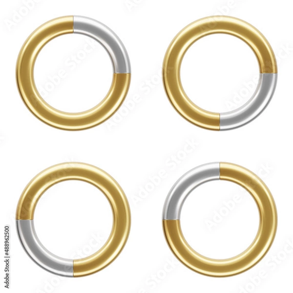 Fototapeta Combination of gold and silver ring. Realistic metal objects over true white background. Trendy 3d illustration.