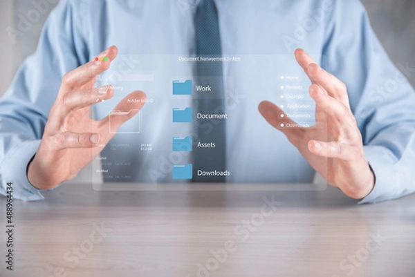 Fototapeta Document management concept. Virtual screen icons Document Management System DMS Online document database, software for efficient archiving, searching and management of company files and data.