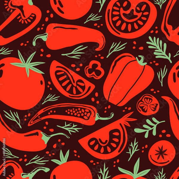 Fototapeta Seamless pattern doodle vegetables on dark background. Red and green pepper, hot chili, tomatoes, jalapeno, paprika, seeds, herbs. Vegetables cut half, piece. Farm products. Hand drawn illustration.