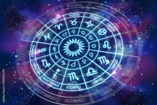 Fototapeta Zodiac circle with planets signs on the background of the dark cosmos. Astrology. The science of stars and planets. Secret Esoteric Science