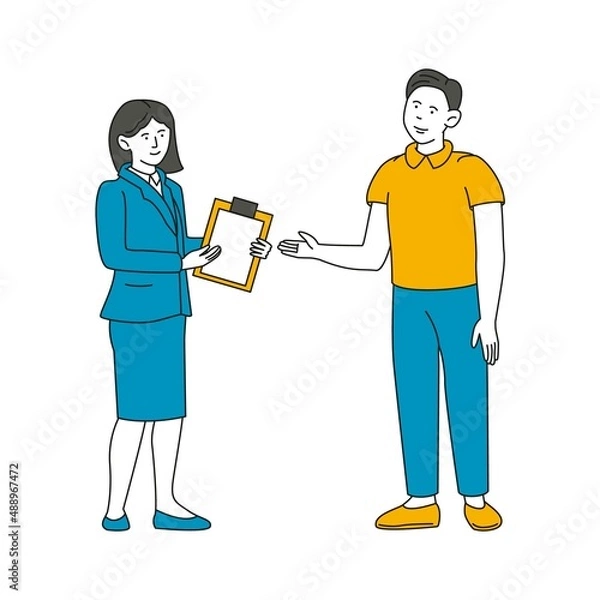 Fototapeta A woman is interviewing a man. Introduction to information. Colleagues. A conversation between two people.