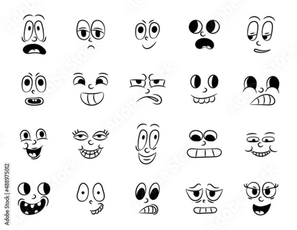 Fototapeta Collection of old retro traditional cartoon animation. Vintage faces of people with different emotions of the 20s 30s. Emoji character expressions 50s 60s. Head faces design elements in comic style