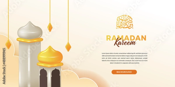 Fototapeta ramadan kareem with 3d cute sweet mosque tower for islamic event party greeting card invitation banner with arabic calligraphy ( text translation = blessed ramadan)