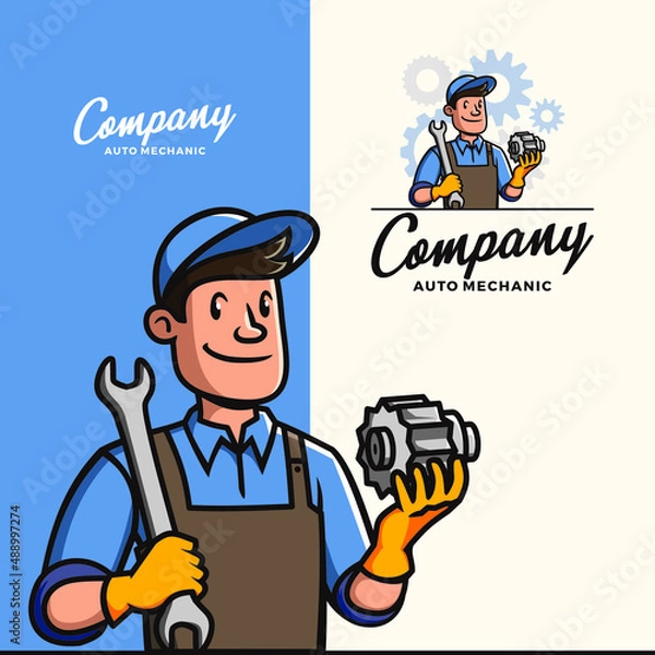 Obraz Retro Vintage Classic Auto Mechanic Mascot Logo Vector Icon Illustration