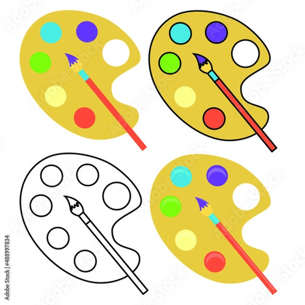 Fototapeta A set of colorful icons for childrens toys, colored watercolor paints, coloring book drawing, childrens book illustration, flat vector graphics
