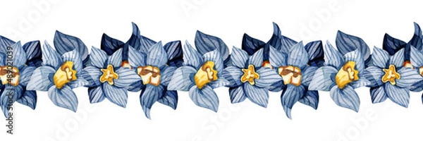 Fototapeta Seamless pattern with daffodils watercolor flowers on white background. Beautiful narcissus repeated border design for fabric, wallpaper, greeting cards.