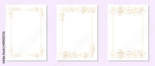 Obraz Set of rectangular postcard templates with rectangular frames decorated at the corners with bouquets of cherry blossoms, sakura flowers, freehand drawing with golden gradient.