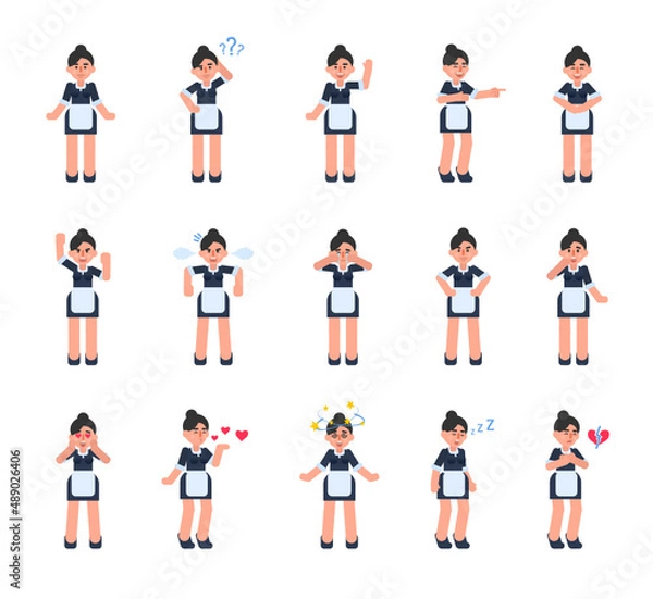 Fototapeta Set of housemaid characters showing various emotions. Cheerful maid laughing, crying, sad, angry, in love, dazed, tired and other expressions. Modern vector illustration