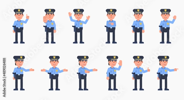 Fototapeta Set of policeman characters showing various hand gestures. Police officer pointing, greeting, showing thumb up, stop sign and other gestures. Modern vector illustration