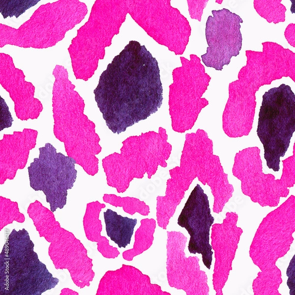 Fototapeta Watercolor seamless pattern imitating the skin of a wild animal - panther, fuchsia leopard