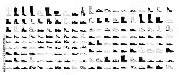 Obraz Collection of shoes of different types. Black and white icons of women's and men's shoes on a white background.