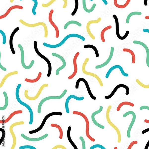 Fototapeta Memphis wallpaper with abstract shapes - squiggly yellow green red blue lines. Seamless pattern. Vector illustration.