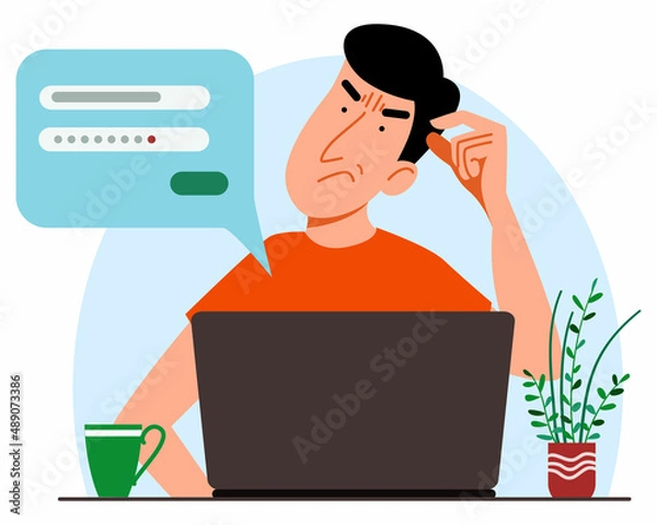 Fototapeta The concept of a man thinking behind a laptop. Forgot your password and account login for the web page. Flat vector illustration.