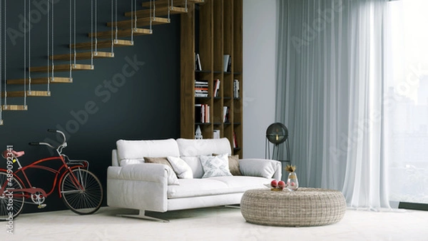 Fototapeta Modern beautiful interior of the room with light walls, large windows and stylish furniture. Bright design in Scandinavian style. 3D rendering