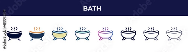 Obraz bath icon in 8 styles. line, filled, glyph, thin outline, colorful, stroke and gradient styles, bath vector sign. symbol, logo illustration. different style icons set.