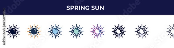 Fototapeta spring sun icon in 8 styles. line, filled, glyph, thin outline, colorful, stroke and gradient styles, spring sun vector sign. symbol, logo illustration. different style icons set.