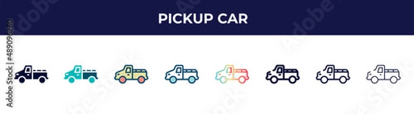 Fototapeta pickup car icon in 8 styles. line, filled, glyph, thin outline, colorful, stroke and gradient styles, pickup car vector sign. symbol, logo illustration. different style icons set.