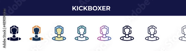 Fototapeta kickboxer icon in 8 styles. line, filled, glyph, thin outline, colorful, stroke and gradient styles, kickboxer vector sign. symbol, logo illustration. different style icons set.