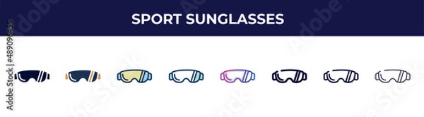 Fototapeta sport sunglasses icon in 8 styles. line, filled, glyph, thin outline, colorful, stroke and gradient styles, sport sunglasses vector sign. symbol, logo illustration. different style icons set.