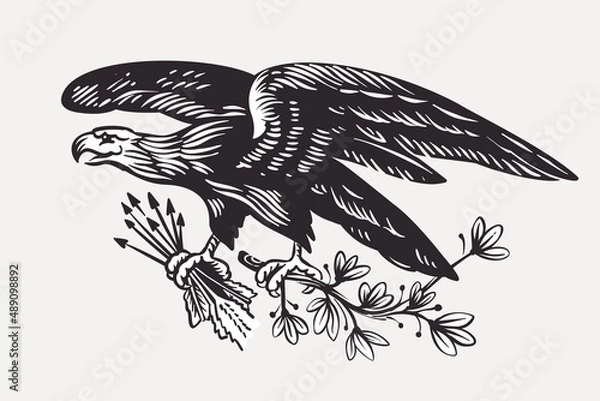 Obraz Vector eagle emblem with arrows and olives branch in the paws. Illustration of US history and 4th of July celebration in engraving style.