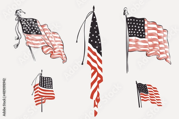 Obraz Vector clipart with American flags. Illustration of US history and 4th of July celebration in engraving style.