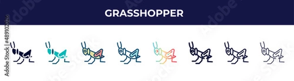 Obraz grasshopper icon in 8 styles. line, filled, glyph, thin outline, colorful, stroke and gradient styles, grasshopper vector sign. symbol, logo illustration. different style icons set.