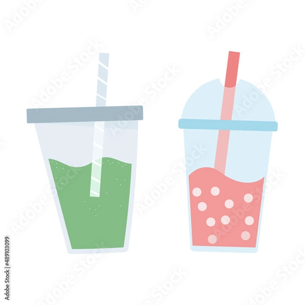 Fototapeta Juice in a glasses with ice and straw. Fresh vegetarian drink. Healthy smoothie. Delicious cocktail. Flat vector design. All elements isolated on white background.