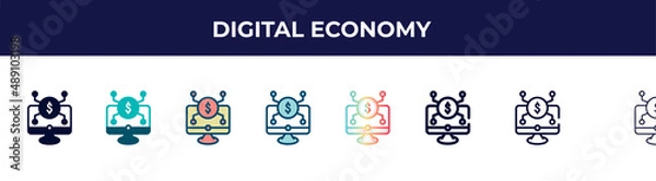 Fototapeta digital economy icon in 8 styles. line, filled, glyph, thin outline, colorful, stroke and gradient styles, digital economy vector sign. symbol, logo illustration. different style icons set.