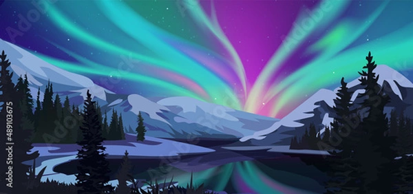 Obraz Aurora borealis. Green northern lights above mountains. Winter night landscape.