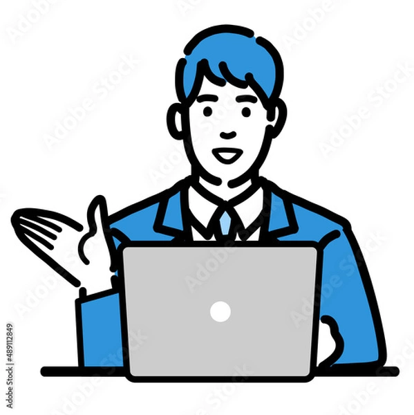 Fototapeta ラップトップの前で笑顔で説明をしているスーツを着た若い男性
