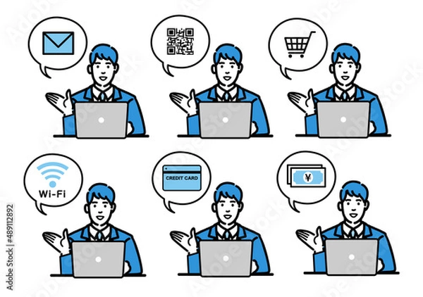 Fototapeta ラップトップの前で説明をしているスーツを着た若い男性のセット
