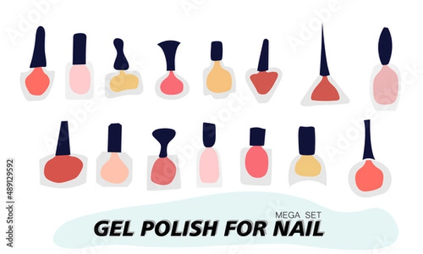 Obraz A set of jars with gel nail polish. Transparent jar, colored varnish is visible through the glass. Objects and materials for a beauty and fashion salon. Vector illustration.