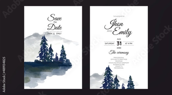 Fototapeta wedding invitation with mountain view watercolor background
