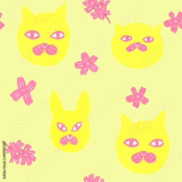 Fototapeta Pattern with funny gouache cats and flowers  on yellow background