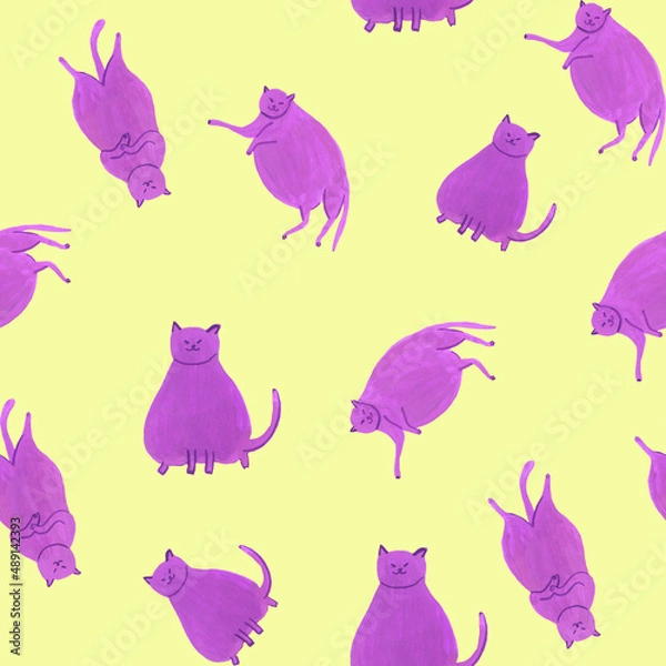 Fototapeta Seamless pattern with funny gouache cats on yellow background