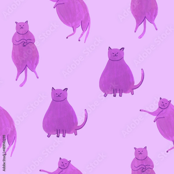 Fototapeta Seamless pattern with funny gouache cats on lilac background