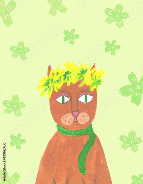 Fototapeta Gouache red funny cartoon cat with flowers on green background