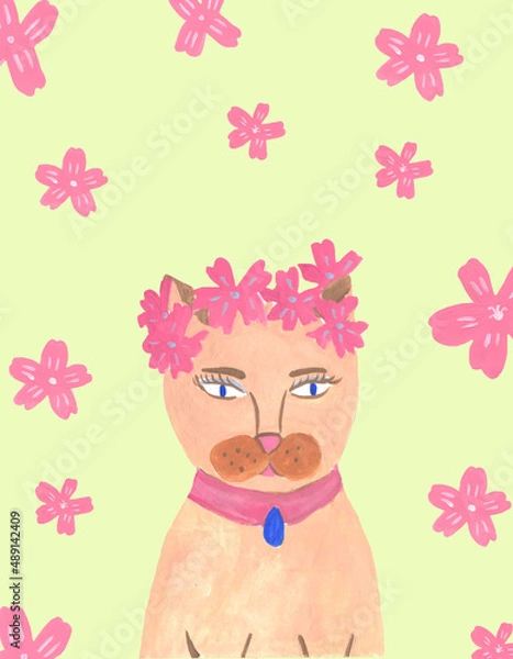 Fototapeta Gouache red funny cartoon cat with flowers on yellow background