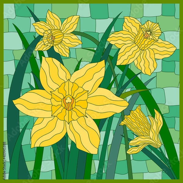 Fototapeta Floral vector background with flowers of yellow narcissus with green leaves. Abstract flowers of daffodil in graphical mosaic style consist of lines and strikes.