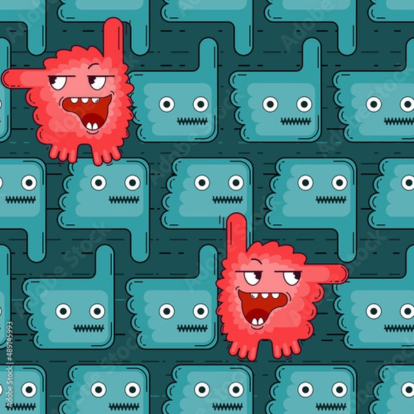 Fototapeta Funny monsters have shape of hand with thumbs up and down. Seamless vector pattern about silent majority and individual person who stands out from the crowd and has independent opinion.