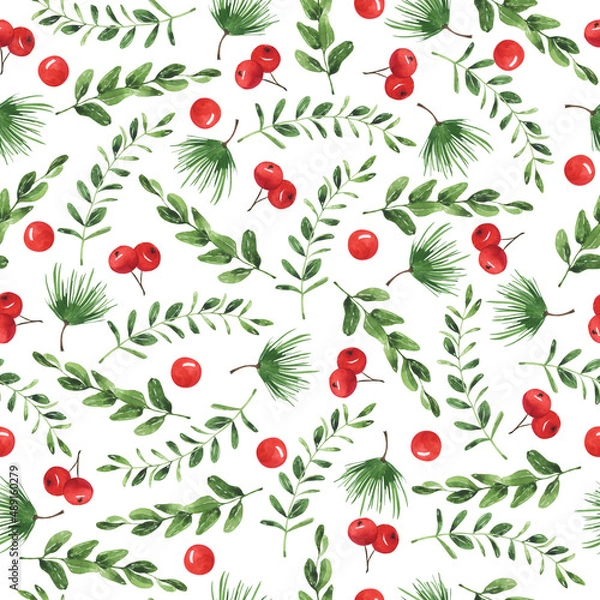 Fototapeta Seamless pattern with red berries, eucalyptus branches, pine branches and green leaves. Hand drawn watercolor illustration.
