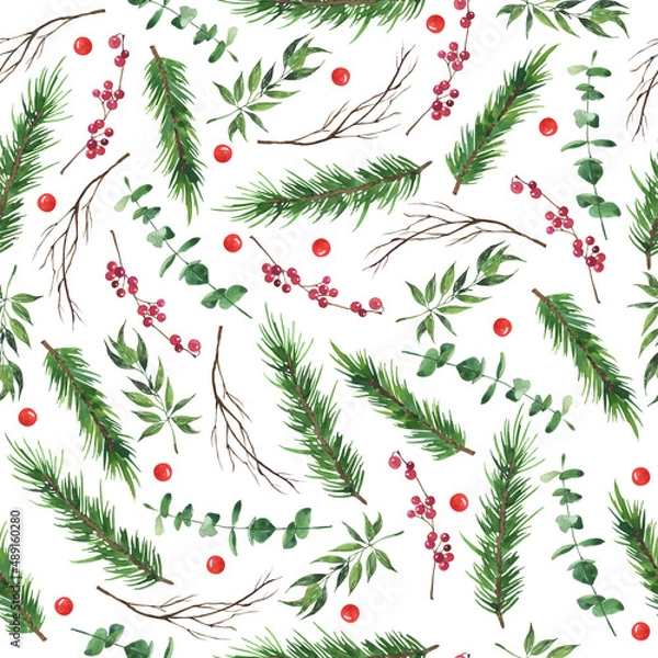 Fototapeta Seamless pattern with red berries, eucalyptus branches, pine and dry wood branches and green leaves. Hand drawn watercolor illustration.