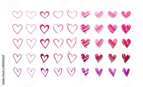 Obraz Valentine's hearts set in pink tones. Variety of cute hand drawn hearts with different styles, textures and effects