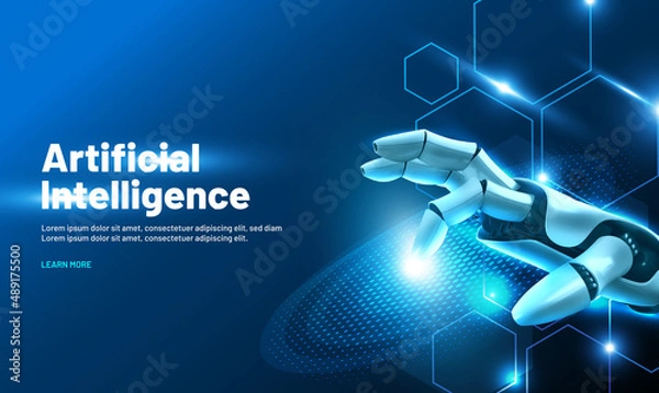 Obraz The robot mechanical arm or hand presses the index finger on the button a virtual holographic interface HUD on touch screen. Artificial Intelligence futuristic design concept.Vector illustration EPS10