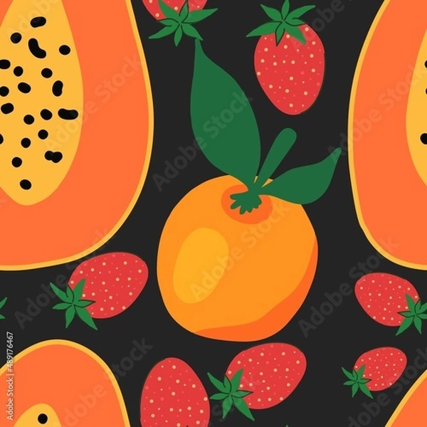 Fototapeta Seamless pattern with various fruits on a black background. Mandarin, strawberry, papaya. Drawn by hand. Flat design, cartoon, vector illustration. Template for design and printing.
