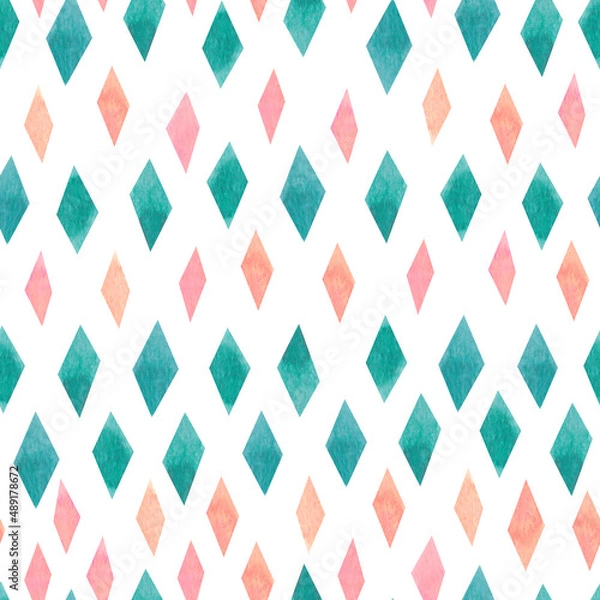 Fototapeta Watercolour seamless pattern with hand painted geometric rhombuses. Geo background for textile, wrapping paper in trendy colors like coral, green and pink.
